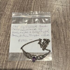 Sterling Silver Art Deco Necklace with Marcasite and Amethyst